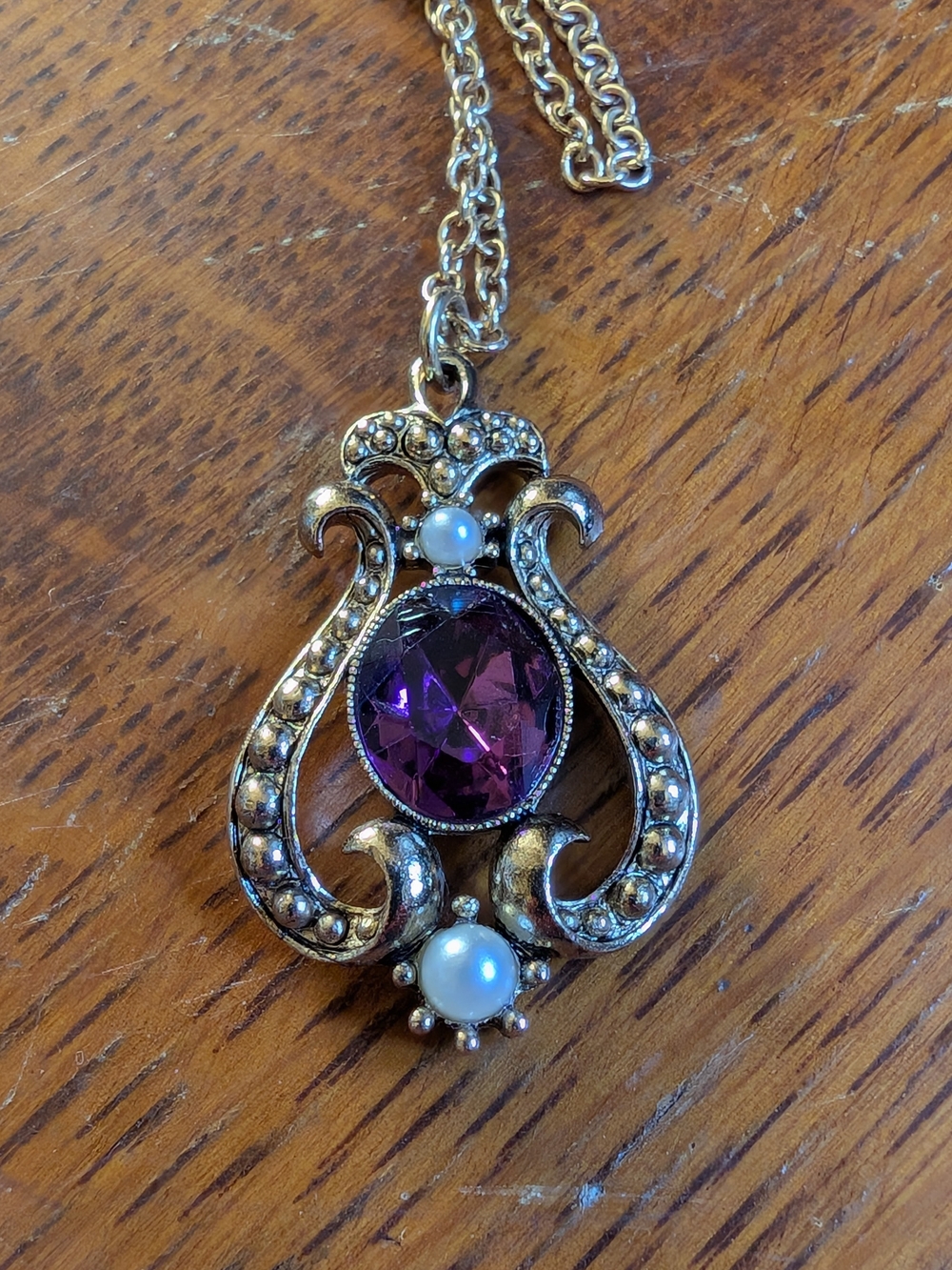 Gold-Tone Necklace And Ring with Purple Gem and Pearl Accents Vintage Avon